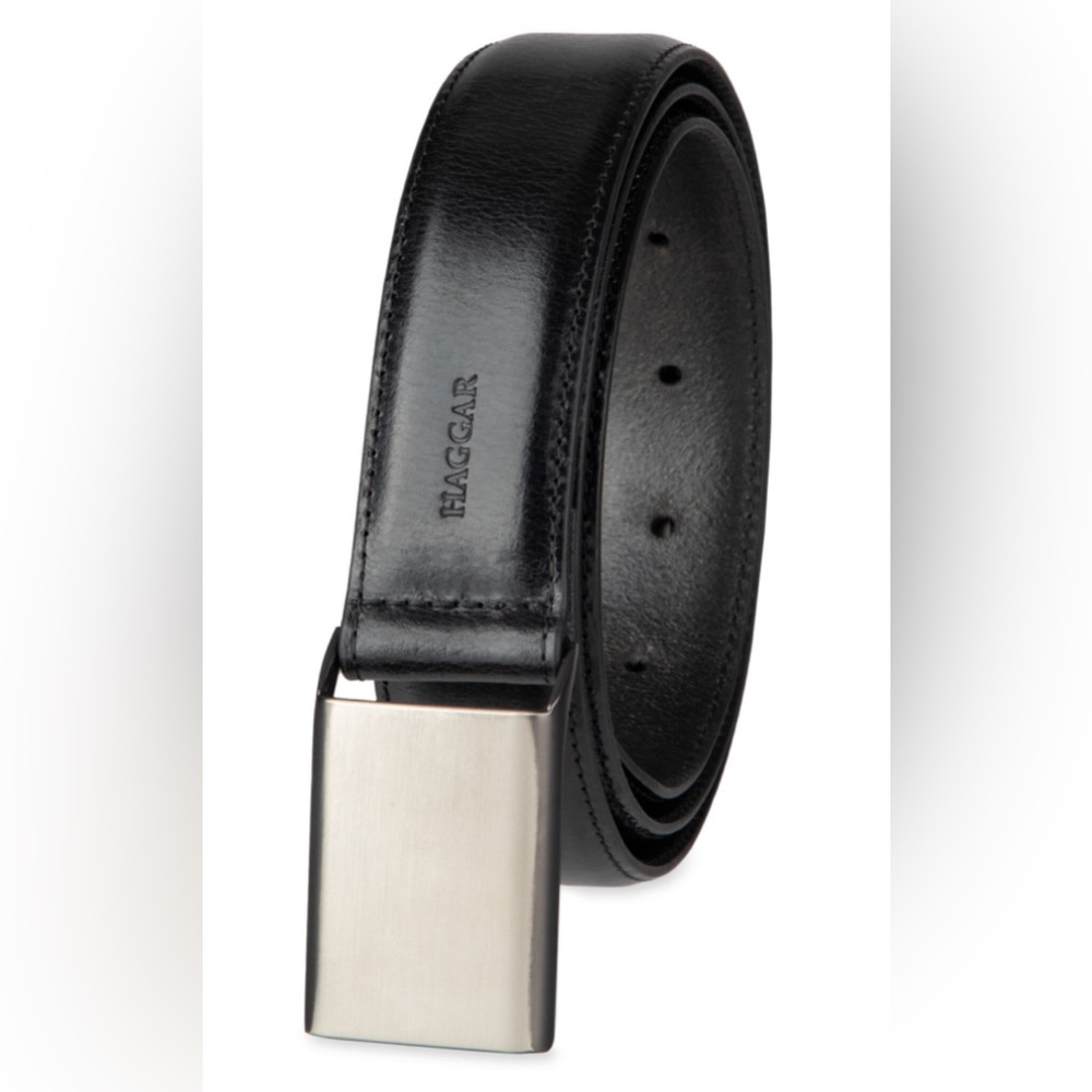 NWT Haggar 32mm Feather Edge Dress Plaque Belt, black, genuine leather, Size XL